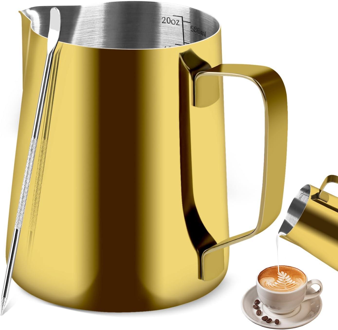 Milk Frothing Pitcher, 20OZ/600ML Stainless Steel Espresso Steaming Pitcher Coffee Milk Frother Cup