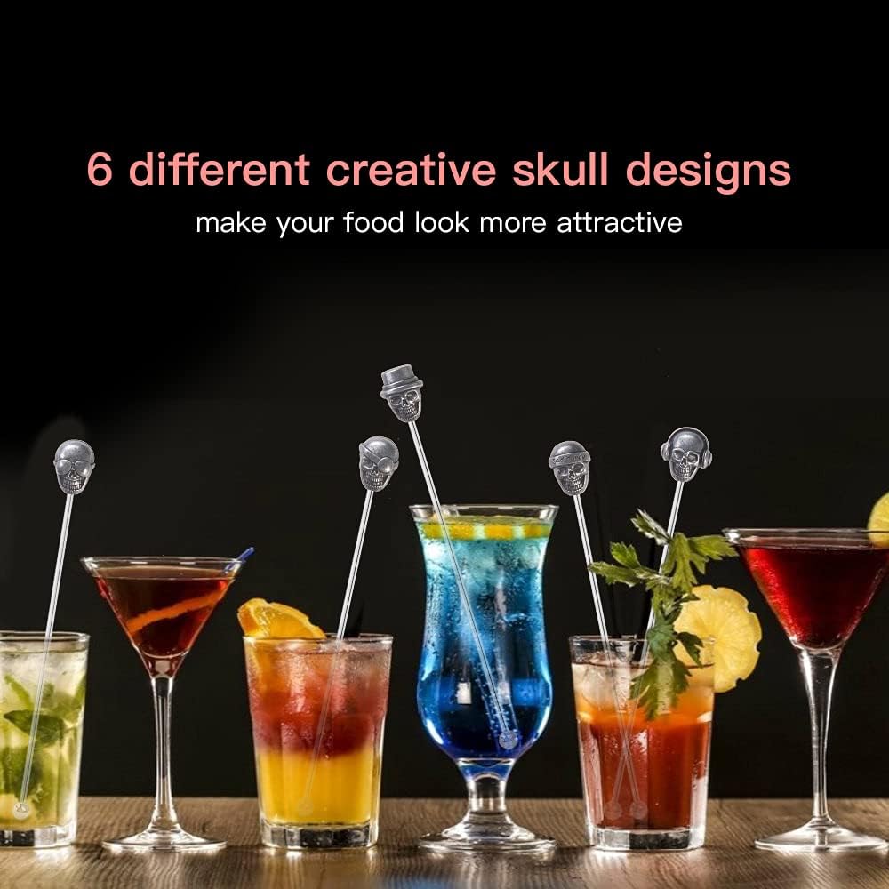 5Pcs Skull Shape Drink Swizzle Sticks Skull Cocktail Stirrer Ancient Silver