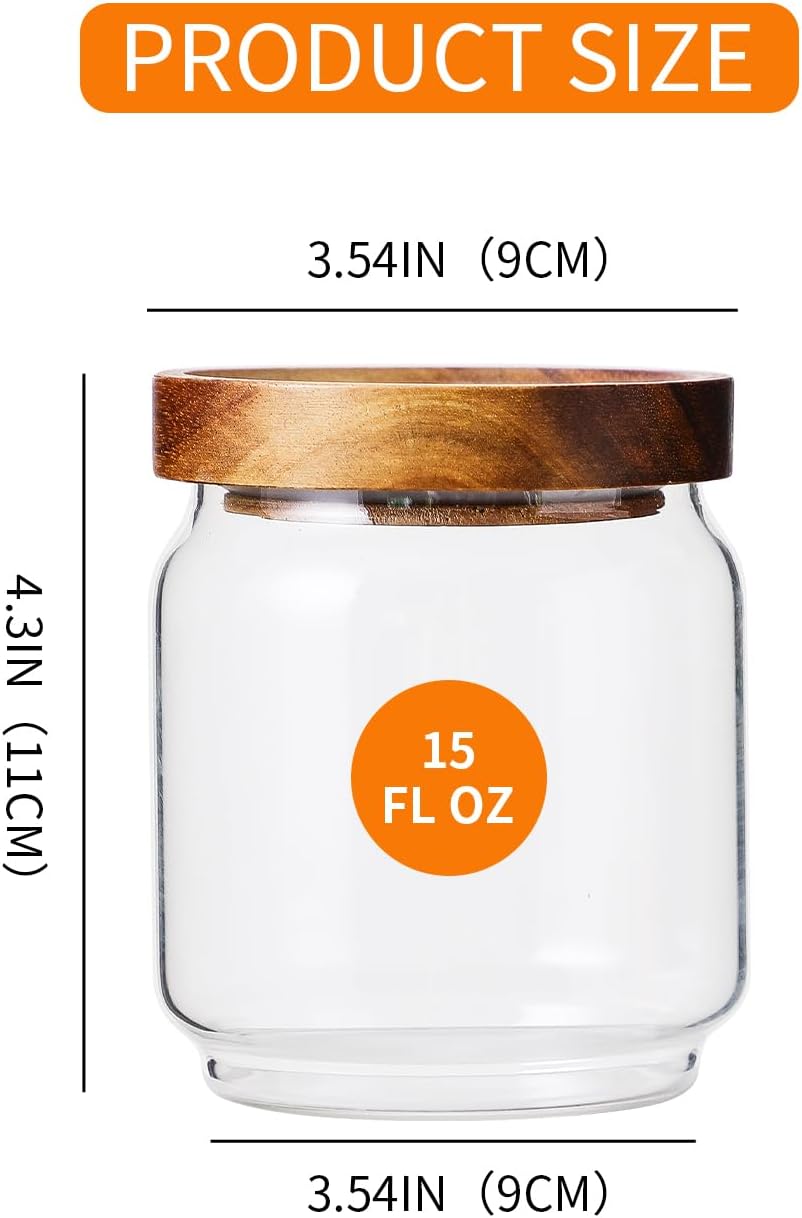 15 OZ Glass Jars with Airtight Acacia Wood Lids, 4 PCS