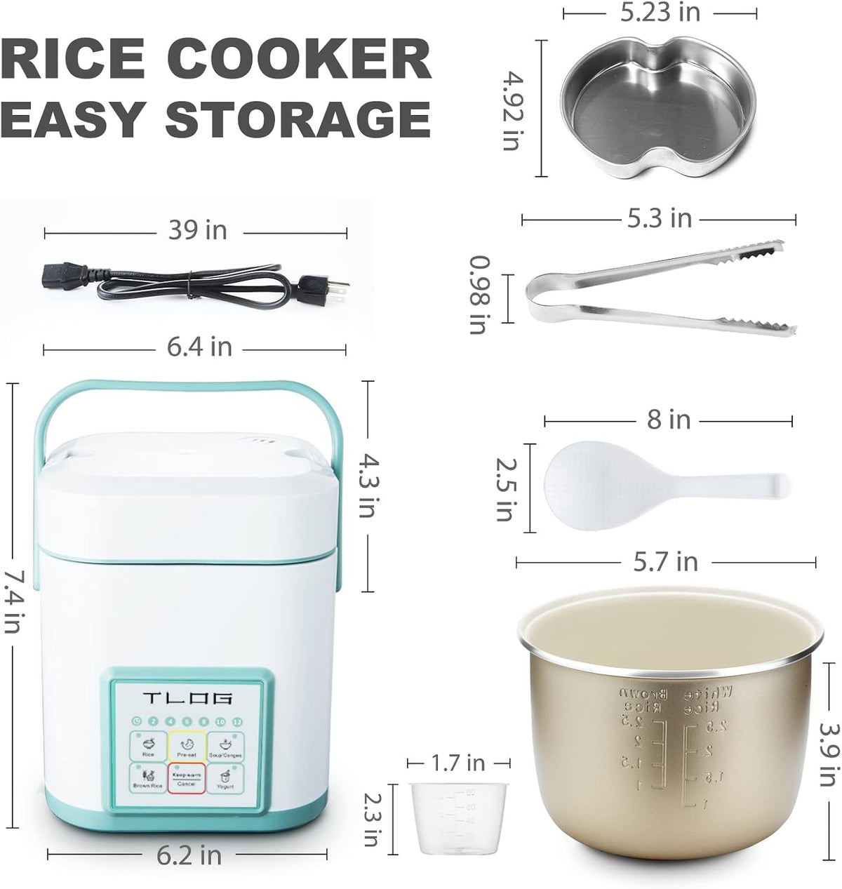 TLOG Mini Rice Cooker, 1.2L with Ceramic-Coated Pot, 2.5-Cup Uncooked