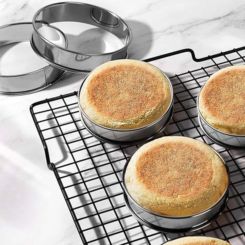 HLMOptimo English Muffin Rings, Stainless Steel Crumpet Rings, 4 inch 6 Pcs Nonstick Metal Round Ring Molds with Silicone Oil Brush