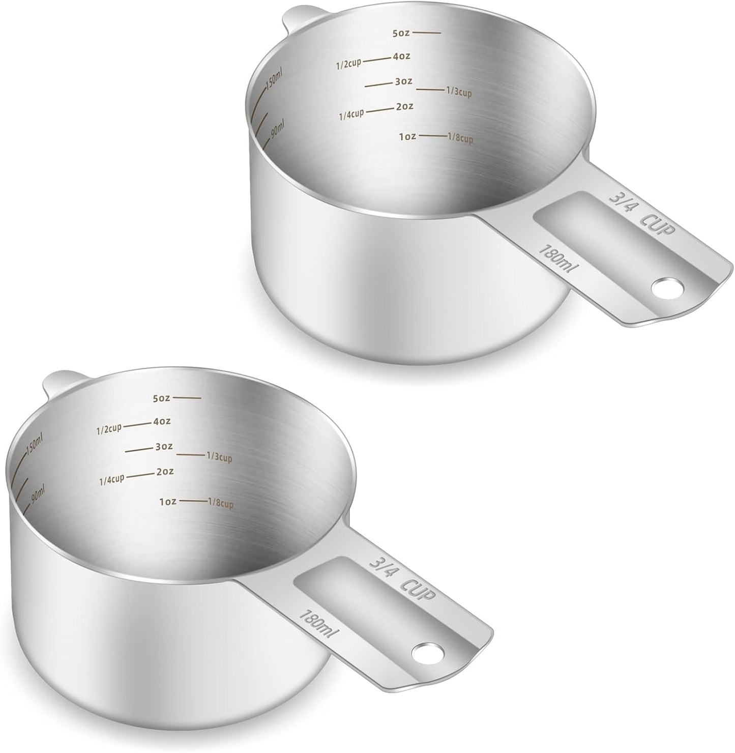 2PCS 3/4Cup (180ml, 6oz) Single Measuring Cup, Etched Inner Scale Stainless Steel Measure Scoop, Met