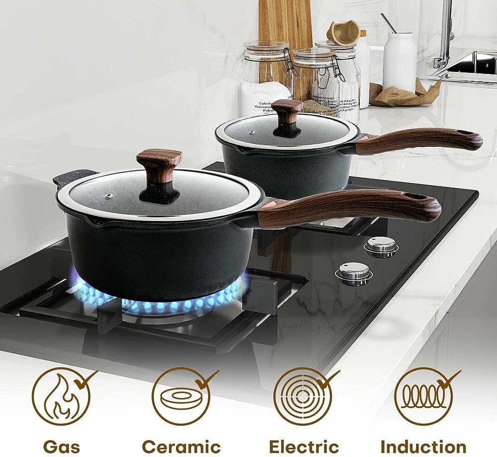 Vinchef New Nonstick Sauce Pot Set with Lids, 3QT Saucepan & 4QT Saucepot,Dishwasher Safe,Induction Compatible, Scratch/Stain Resistant, Stay-Cool Handles, PFAS-Free, Black