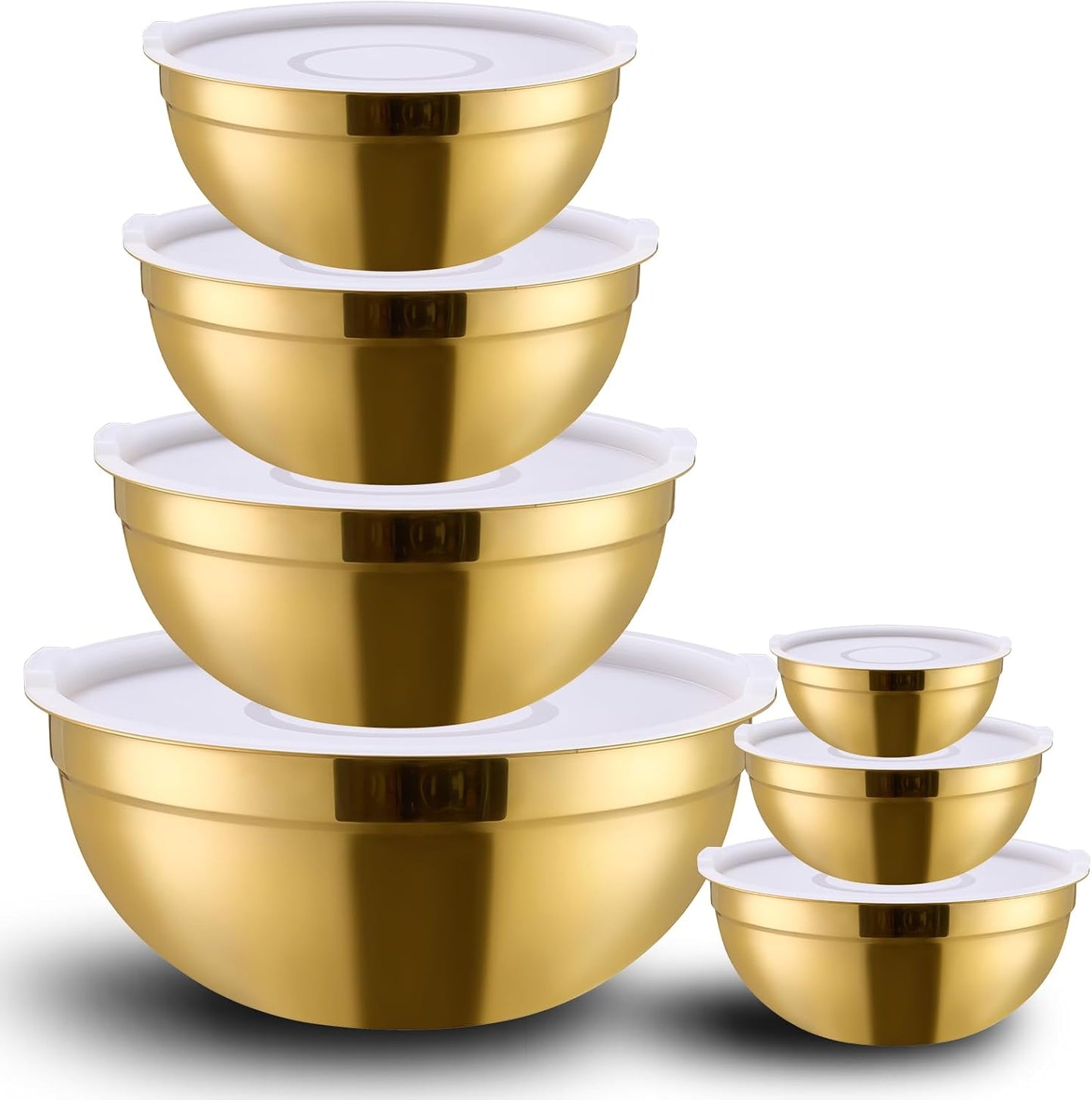 Gold Mixing Bowls with Lids Set of 7, Stainless Steel Nesting Bowl with Khaki Lid for Non-slip Mixin
