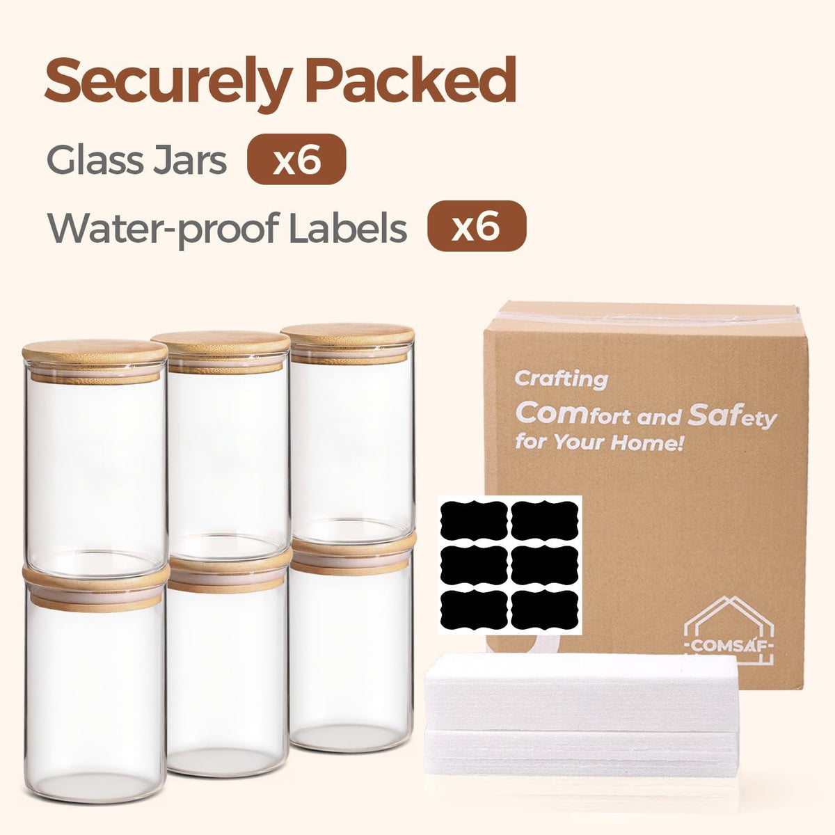 ComSaf Glass Storage Containers with Lids 1 Qt, Set of 6 Food Storage Jars