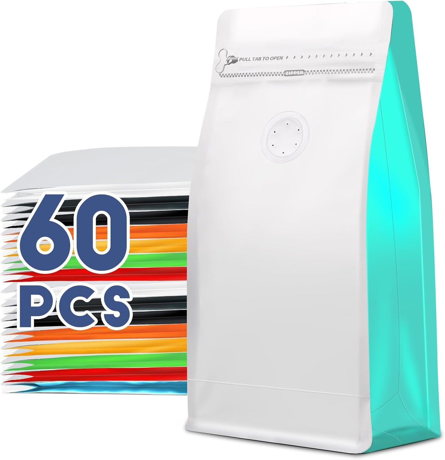 Coffee Bags with Valve(60pcs,16 oz,1 lb) Vented Coffee Beans Packaging Bags High Barrier Aluminumed Foil Flat Bottom Heat Sealed Side Zipper Resealable Storage Bag for Home or Business (White+Blue)