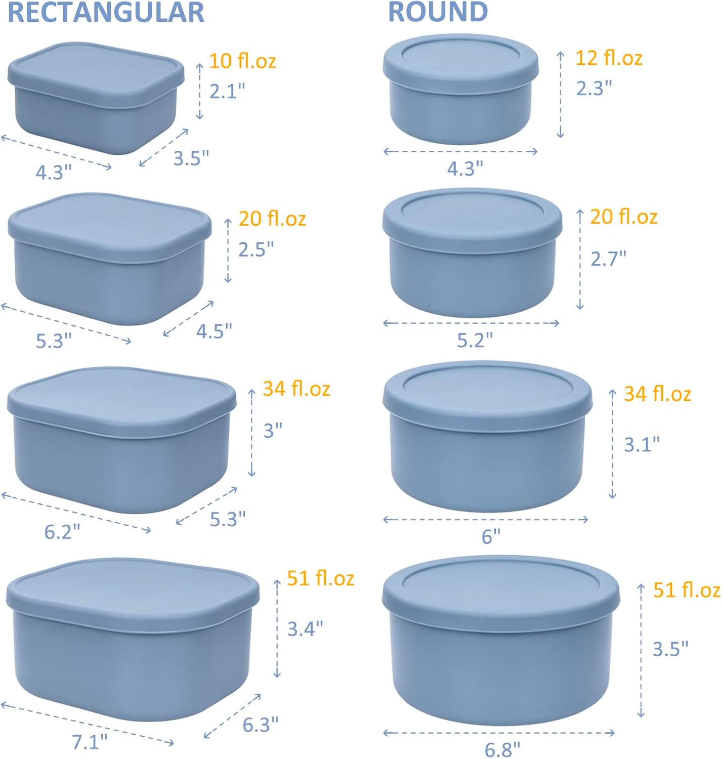 100% Silicone Food Storage Containers with Lids, 8 Pack, 10oz to 51oz, Reusable Leakproof Nesting & Stackable Silicone Bento Lunch Box, Microwave Freezer Dishwasher Oven Safe, BPA Free, Slate Blue