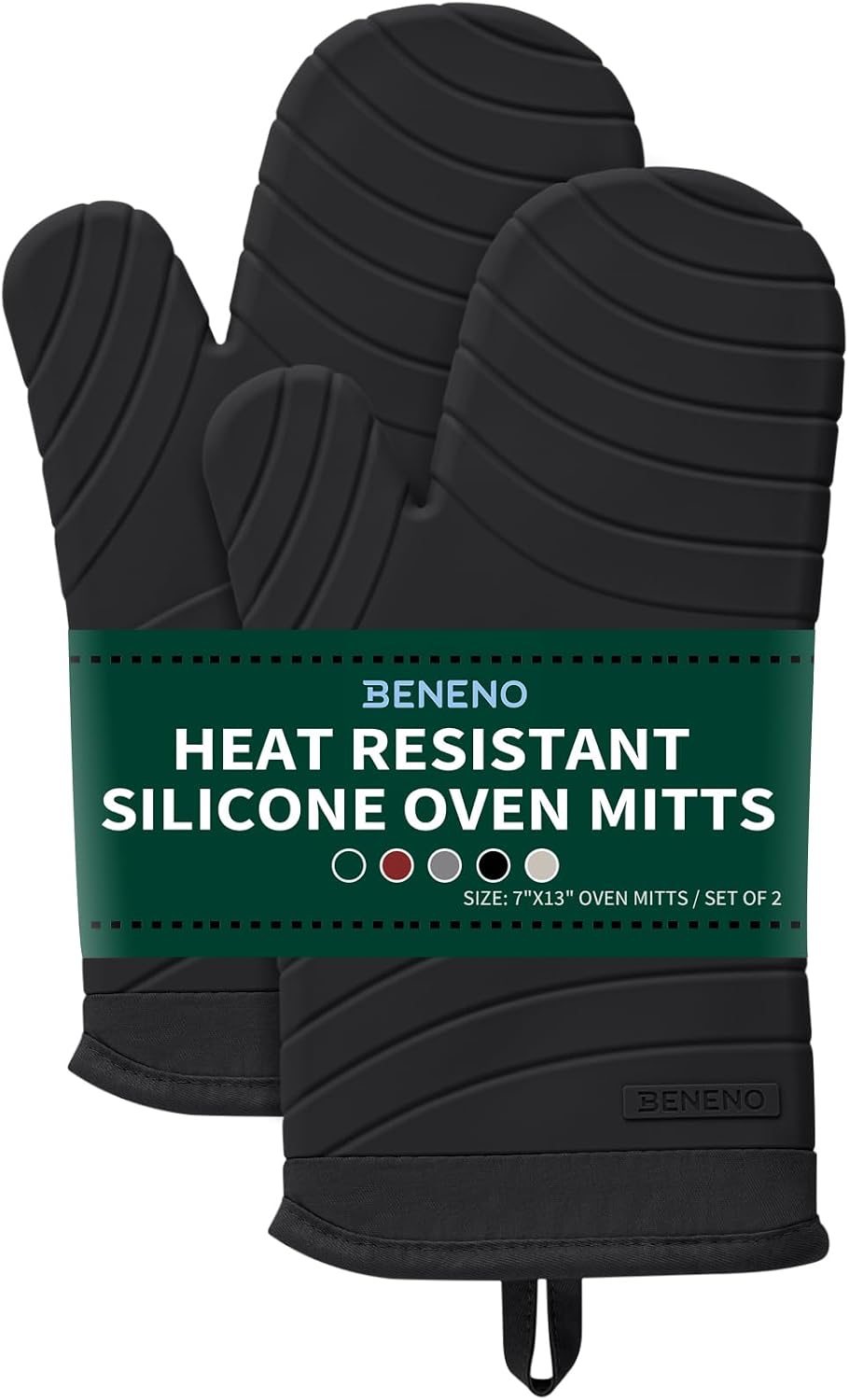 Beneno BPA-Free Silicone Oven Mitt 2-Pack Set, 7"x13", Black | Heat Resistant 500°F Oven Mitts with Non-Slip Grip, Soft Thicker Lining