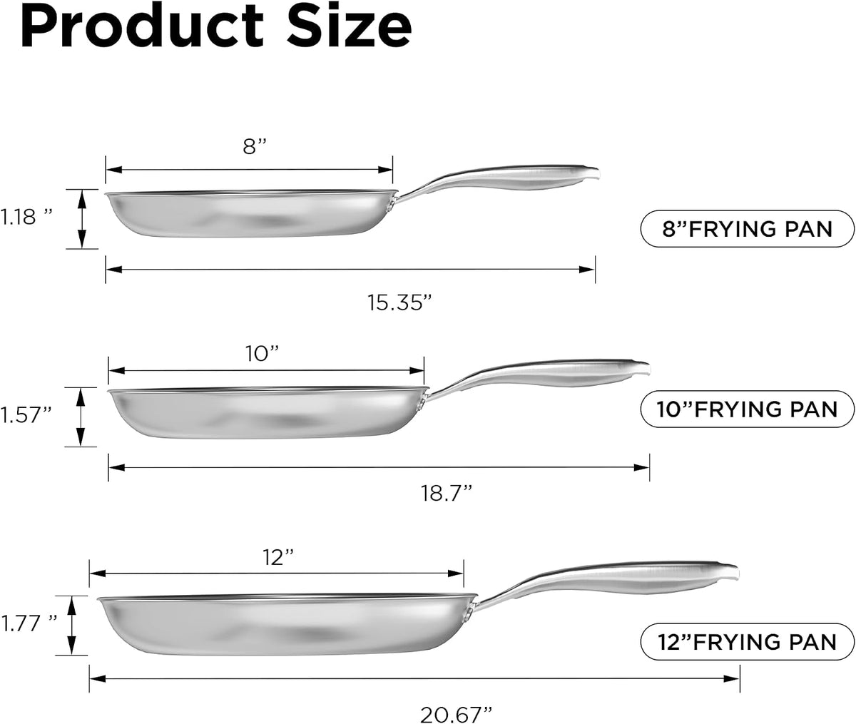 COOKER KING Non-toxic Frying Pans Set of 3 (8+10+12 Inch), Tri Ply Stainless Steel Pans, Induction Pan Set, Chef's Pan, Skillets Dishwasher & Oven Safe, Stay-Cool Handles, Compatible with All Cooktops
