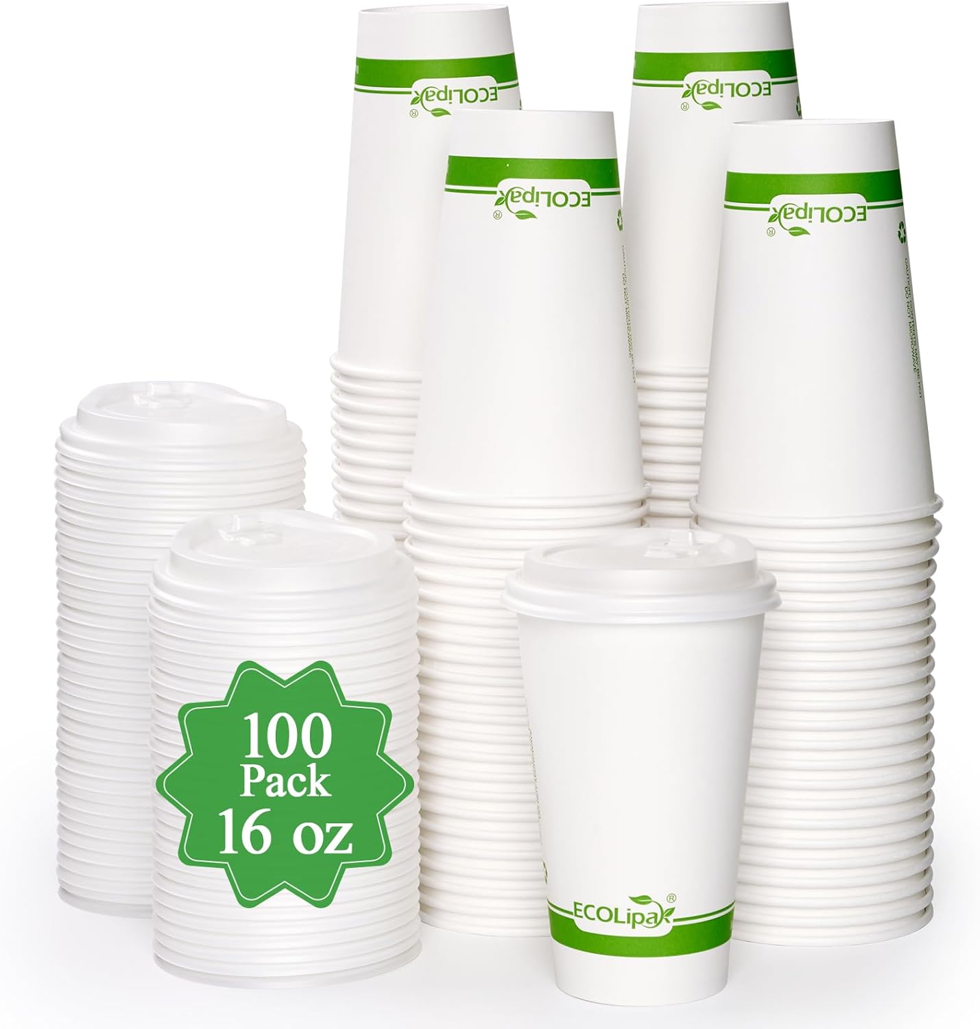ECOLipak 100 Count 16 oz Compostable Paper Coffee Cups, Biodegradable Disposable Coffee Cups with CP