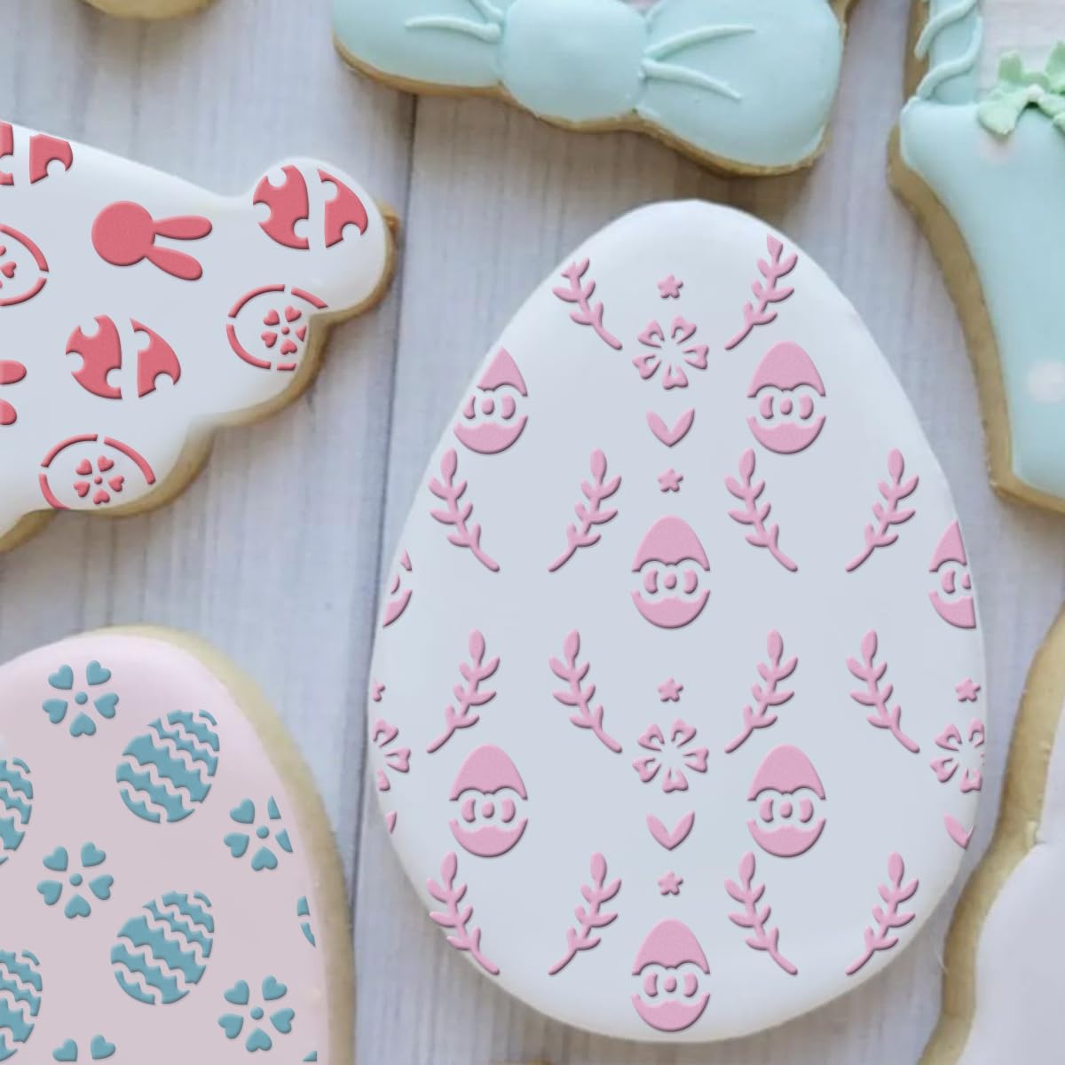 6in Easter Cookie Stencils for Royal Icing, Eggs Carrot Rabbit Face Bunny Shapes, 16 Pcs Assorted Sizes Easter Eggs Stencils for Baking Drawing Dessert Coffee Decoration