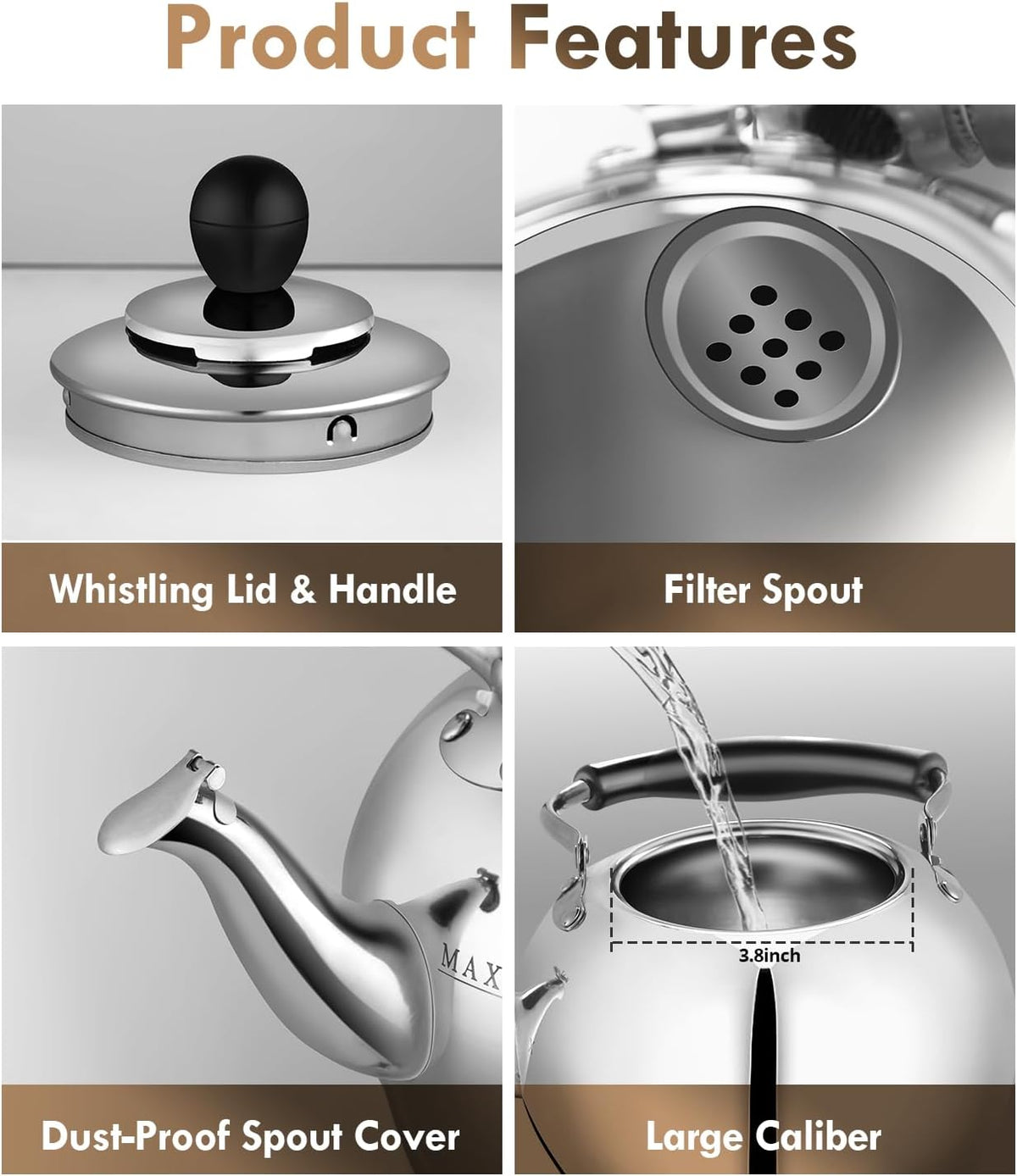 Stovetop Tea Kettle with Whistle - 2.0 Quart 18/8 Stainless Steel Tea Pot for Gas Stove & Electric Coil Stovetop, Food-Safe, Easy-Pour Spout, Mirror Polished Classic Water Kettle