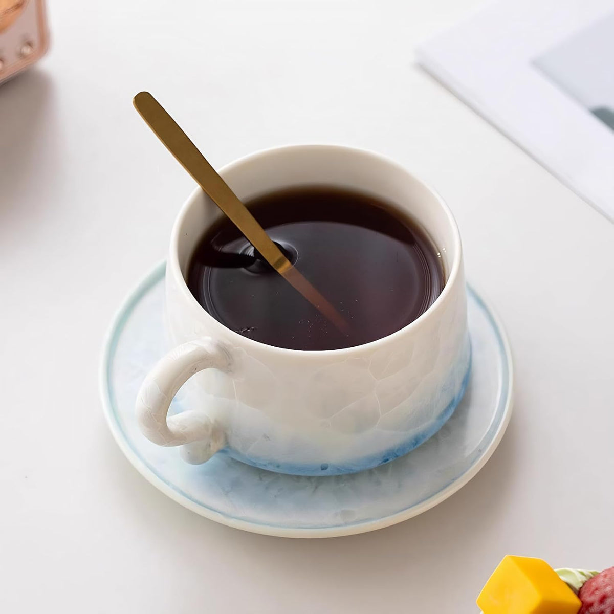 KAMMAK Tea Cups and Saucers set of 2, Porcelain Coffee Cups, 7.5oz Crystalline Glaze Espresso Mugs, Ceramic Demitasse for Coffee, Cappuccino, Latte, Americano, Tea (Dark Blue and White Blue)