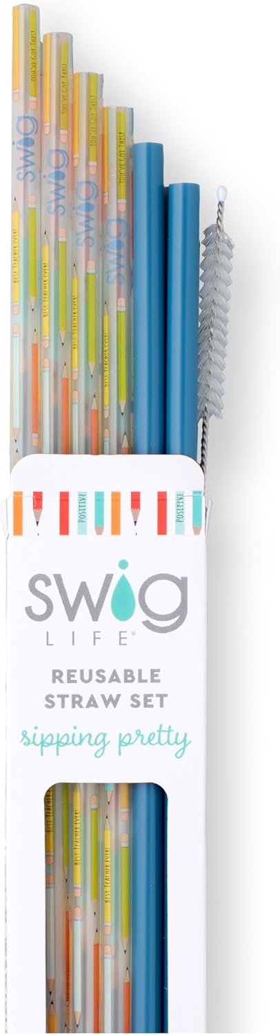 Swig Life Reusable Straw Set with Cleaning Brush, Teacher Life | Reusable Straw Set - Cleaning Brush Included - 14 Inch Long - Accessories for Cups & Mugs