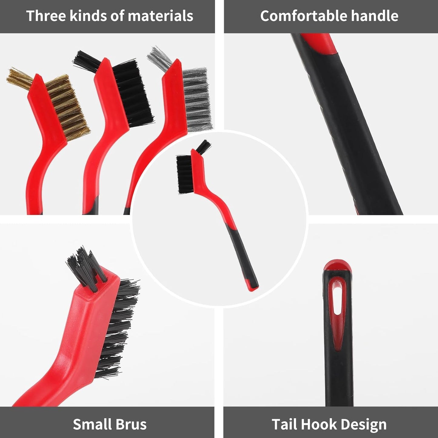 A A IN Wire Brush Set,6 Pcs Brass/Stainless Steel/Nylon Wire Brushes for Cleaning with Curved Handle Grip for Rust Removal, Dirt, Paint Scrubbing,7 Inches (Red)
