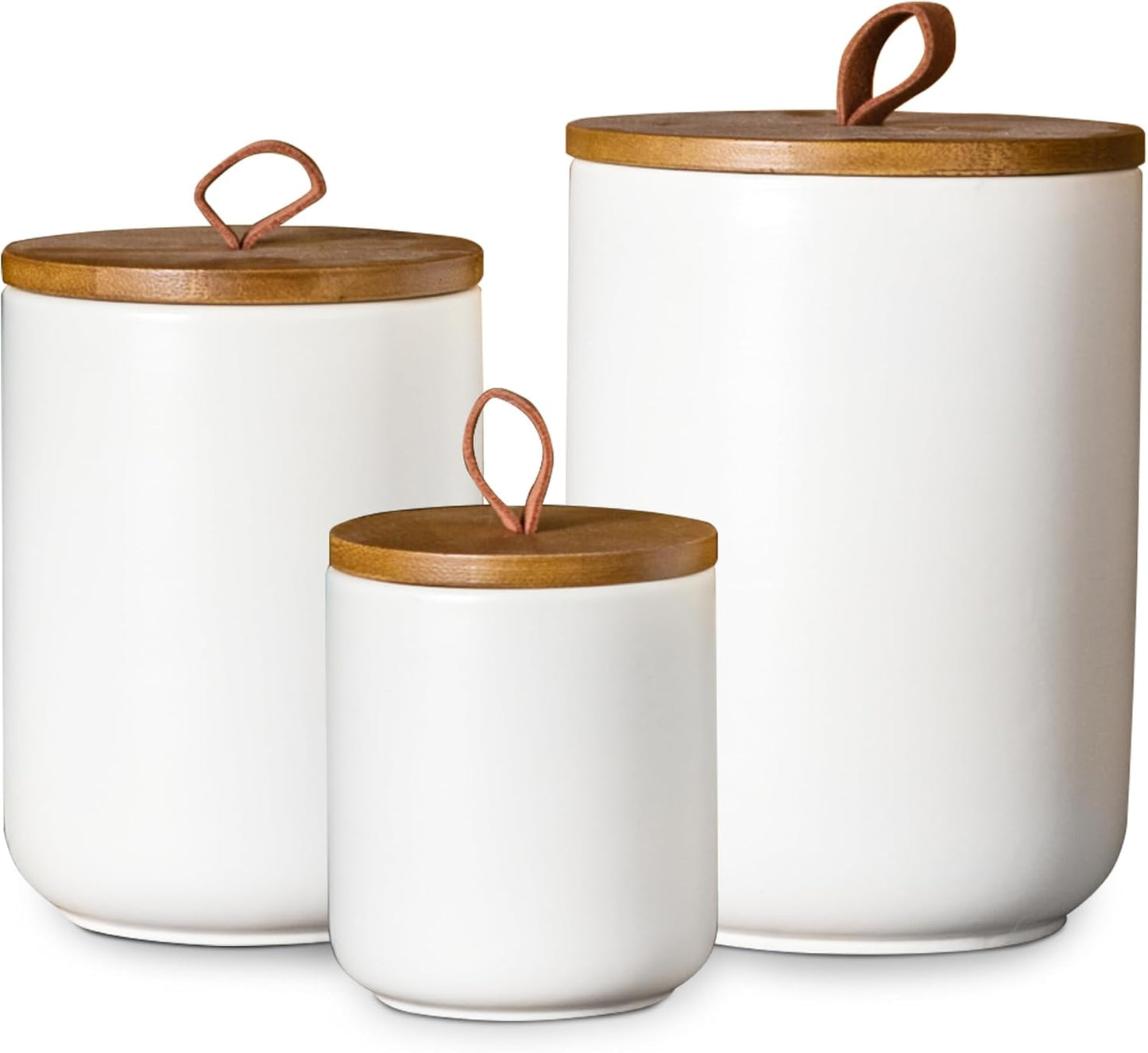 JOJUNO White Ceramic Canister Set with Wooden Lid, 3-Piece Airtight Food Storage Jars for Kitchen Co