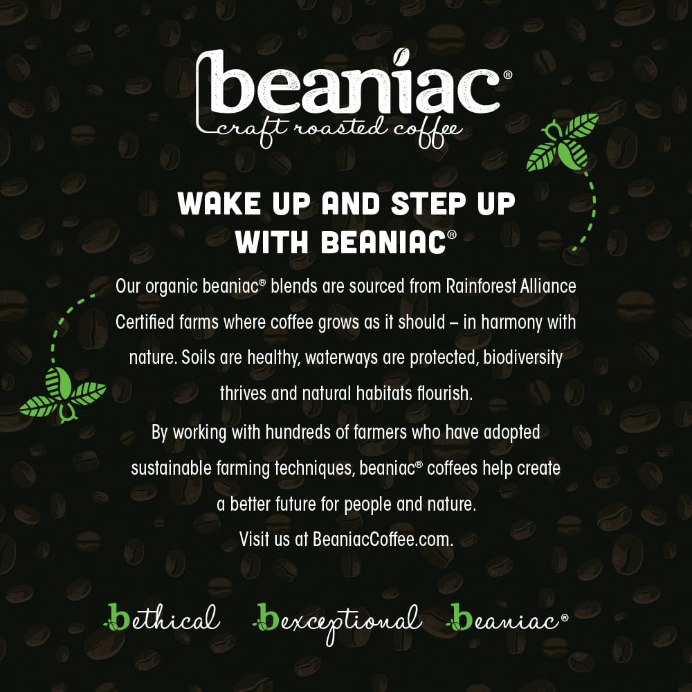 beaniac Organic Downtime Decaf Swiss Water Decaffeinated, Medium Roast, Single Serve Compostable K Cup Coffee Pods, Organic Arabica Coffee, Keurig Brewer Compatible, 30 Count