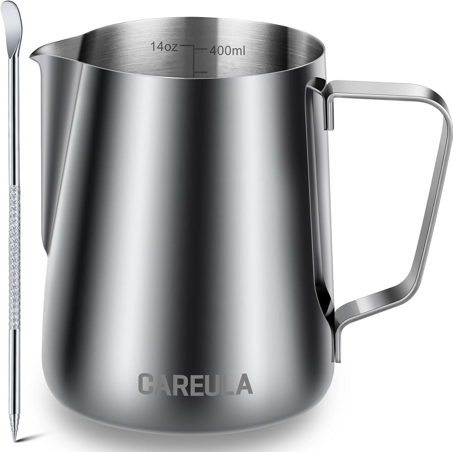 Milk Frothing Pitcher, 14oz 400ml Stainless Steel Milk Frother Cup Steaming Pitcher, Coffee Bar Capp