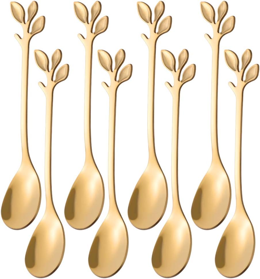 AnSaw 8-Pack Elegant Gold Leaf 4.7" Espresso Spoons - Stainless Steel, Perfect for Coffee, Demitasse