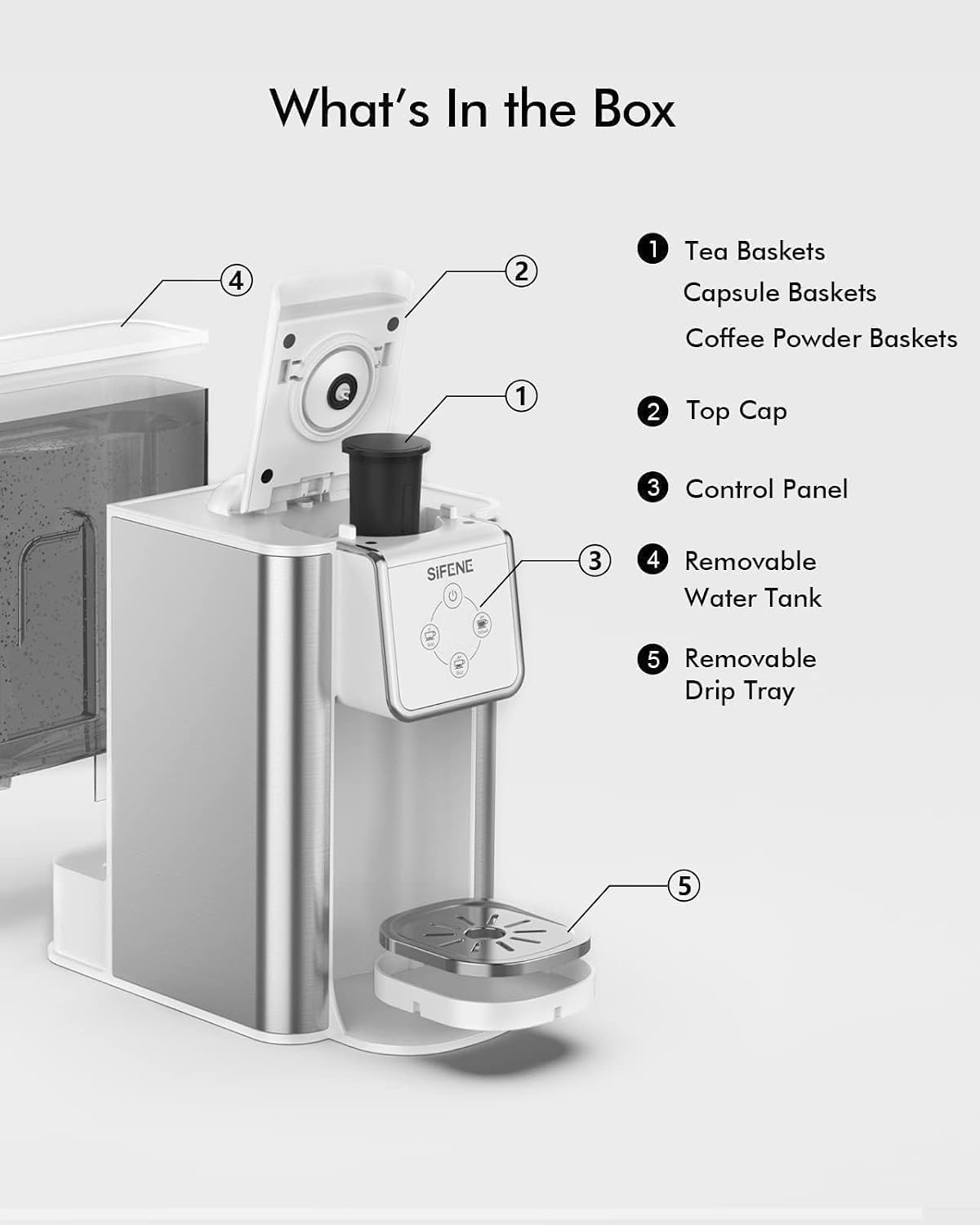 SIFENE 3-in-1 Single Serve Drip Coffee Machine, Compact K-Cup/K-Pod Compatible Brewer for Ground Coffee & Tea, 50oz Removable Water Reservoir, Multiple Brew Sizes, Auto Shut-Off