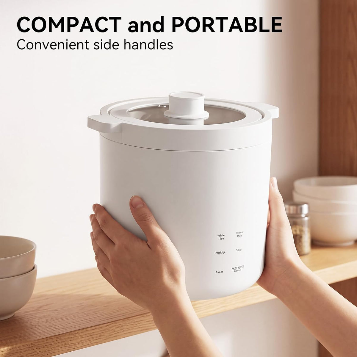 Olayks Mini Rice Cooker 2 Cup Uncooked, Small Electric Cooker, with 4 Cooking Functions, 24 Hour Preset and Heat Preservation, Anti Scald Carry Handle