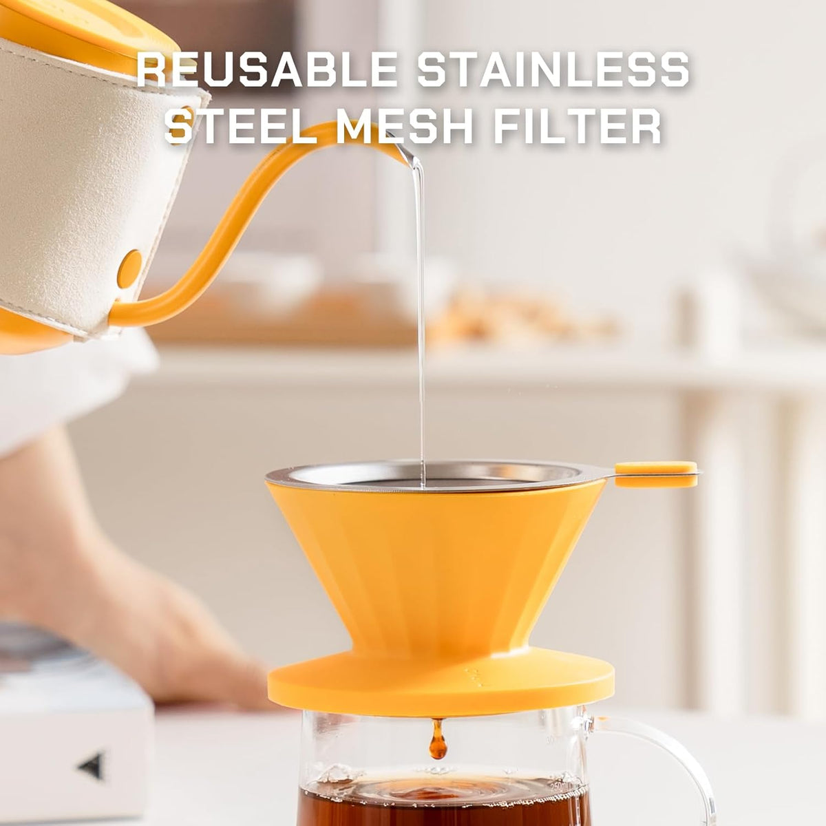 Pour Over Coffee Maker Set, Pour Over Kettle, Coffee Dripper, Glass Coffee Server with Scale, Stainless Steel Filter (Orange)