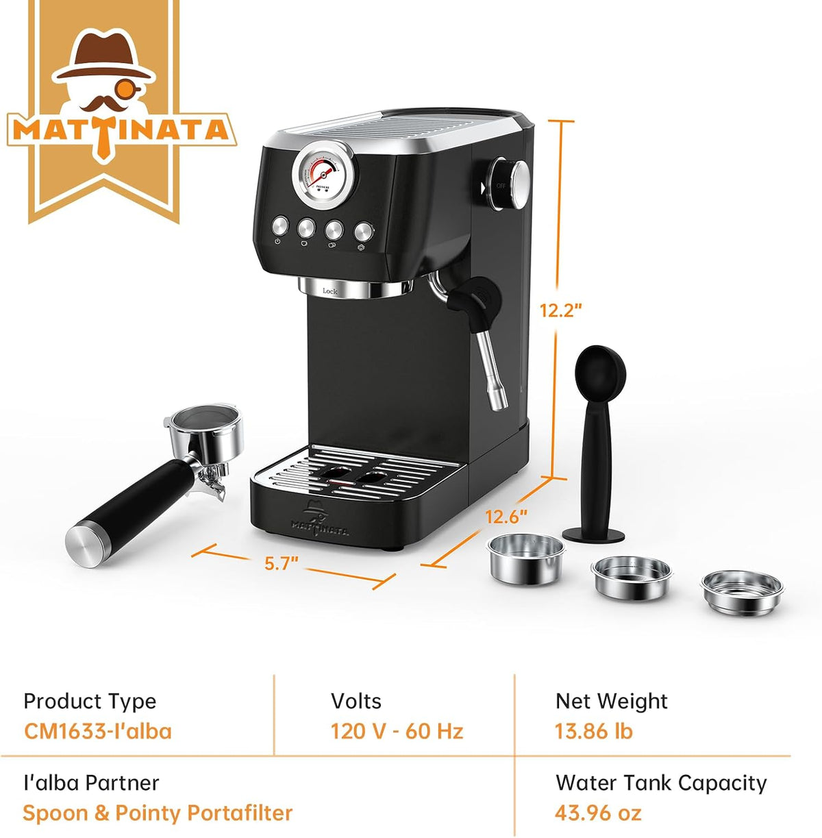 MAttinata 1663L Espresso Machine 20 Bar, 10mm Steam Wand for Milk Frother | Pressure Gauge, Italian Pump Coffee Maker, PID Smart Control, Compact Cappuccino Machine, Latte Art, Stainless Steel, Black