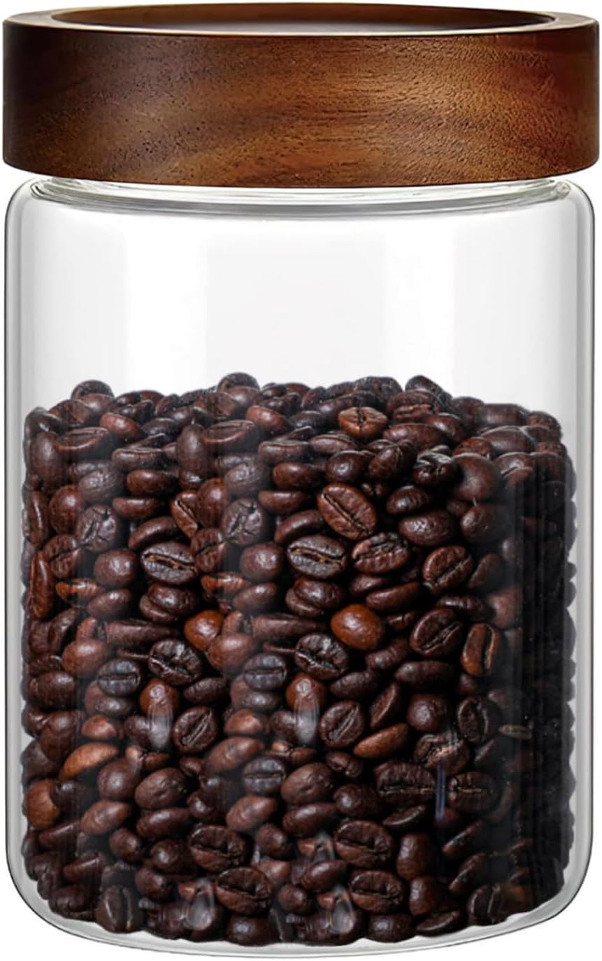 28 Fl oz/850 ml Glass Food Storage Jar, Premium Clear Glass Container Jar with Airtight Wooden Screw Lid, Kitchen Canisters for Coffee,Tea,Pasta,Cookies, Nuts,Spice,Candy,Overnight Oatmeal(Medium)