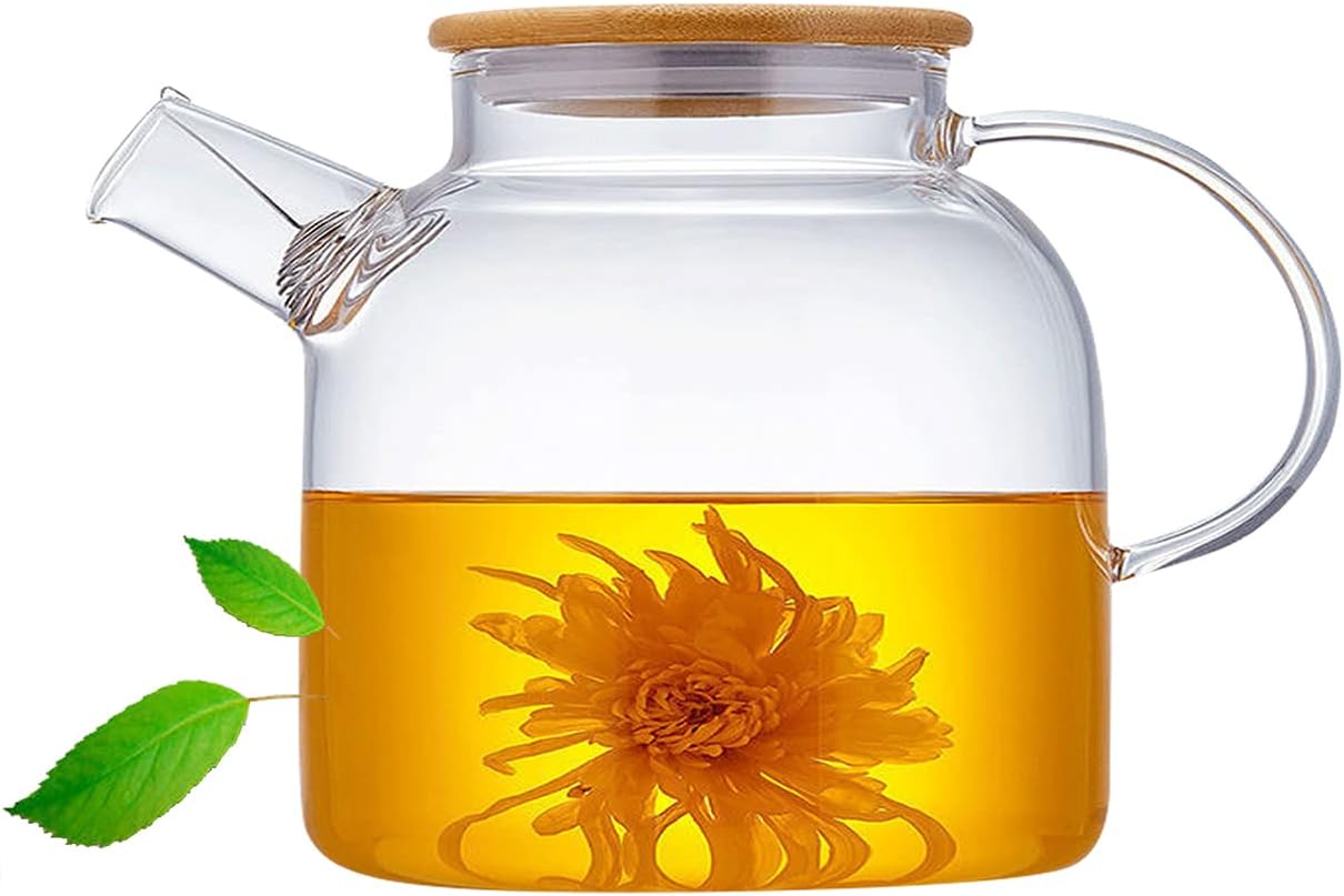 Glass Teapot 50.7oz/1500ml, Stovetop & Microwave Safe Borosilicate Tea Pot,Clear Teapot with Straine