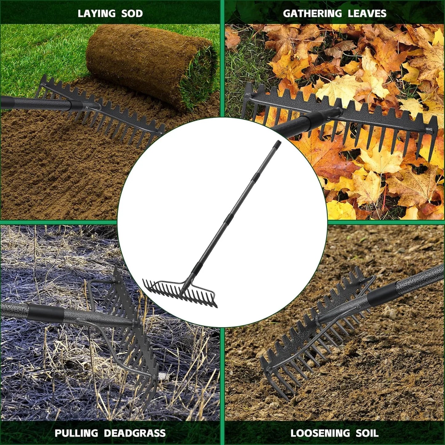 Metal tines bow rake ideal for gathering leaves and managing farming operations