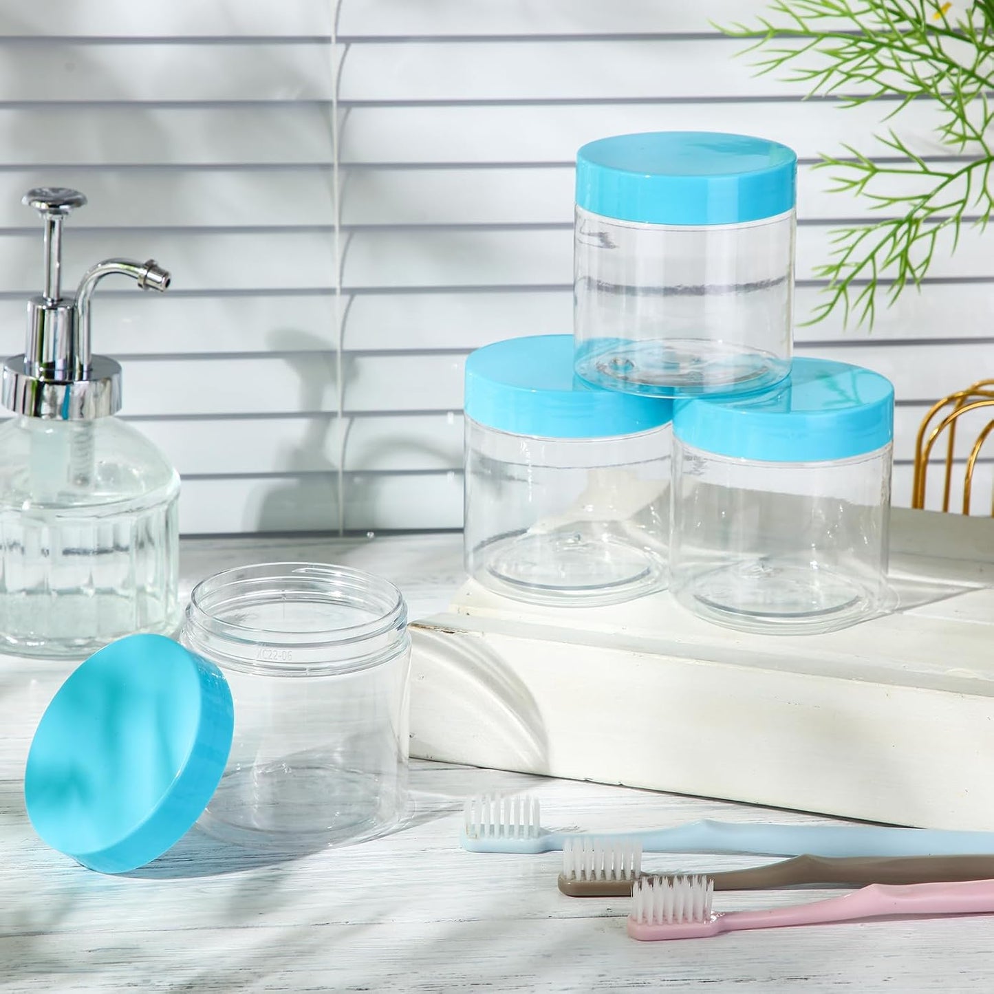 Patelai 4 Pcs Plastic Jars Wide Mouth with Lids,10 Ounce,Blue