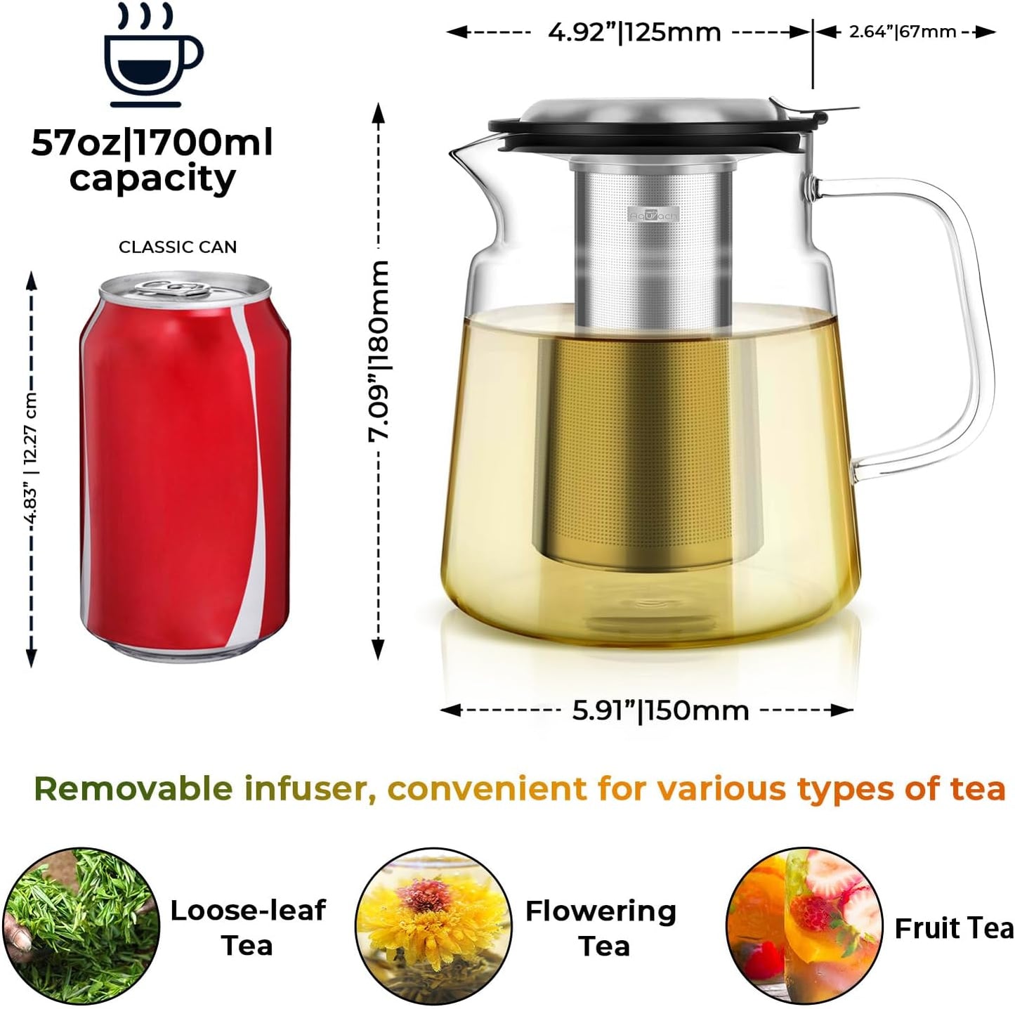 Aquach Glass Teapot with Removable Infuser - 57oz Borosilicate Tea Pot for Stovetop & Cold Brew, Stainless Steel Filter for Loose Leaf/Iced Tea