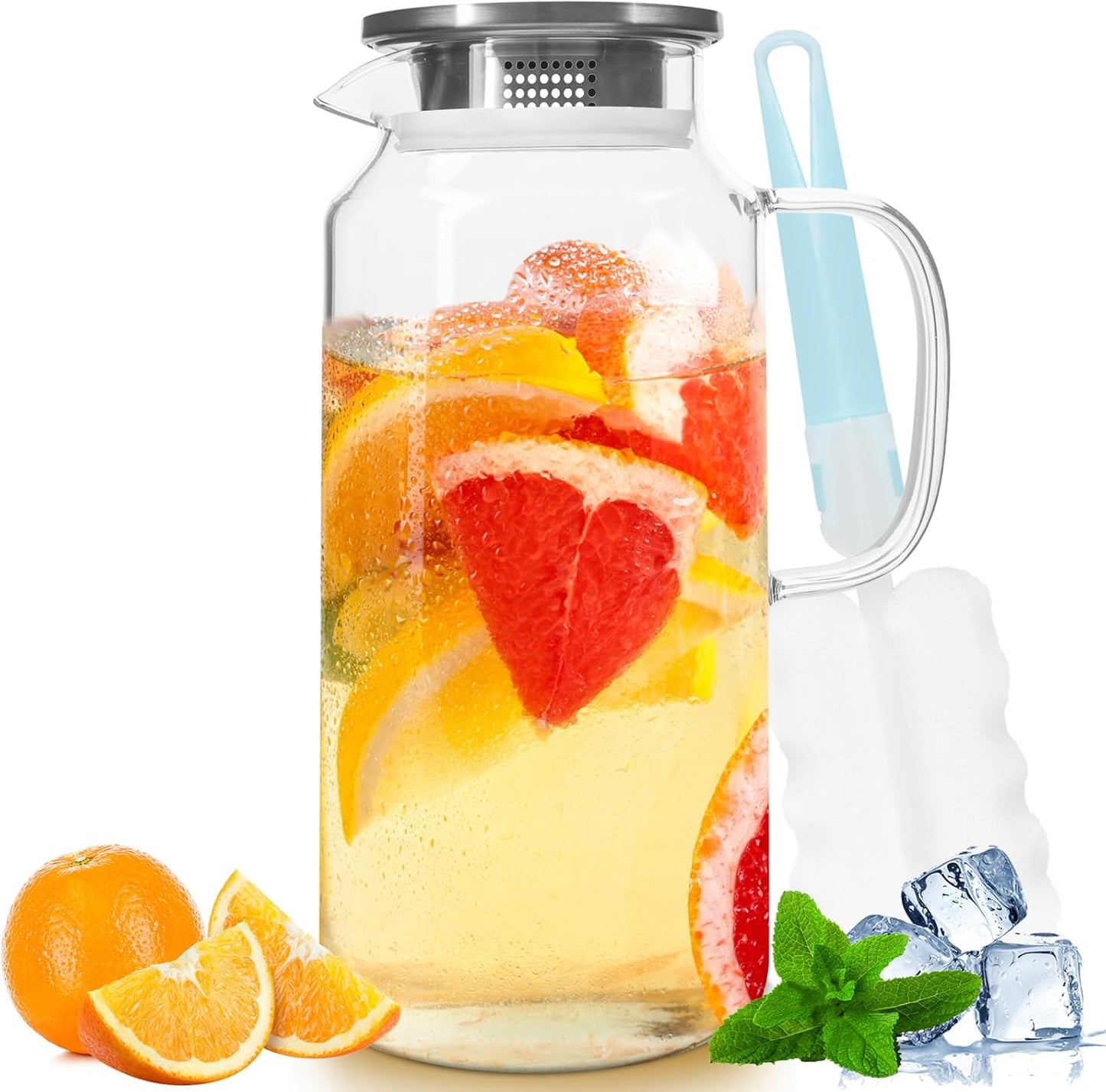Yirilan Glass Pitcher, 2.3 Liter Water Pitcher with Lid, Beverage Pitchers for Hot, Cold Water, Iced