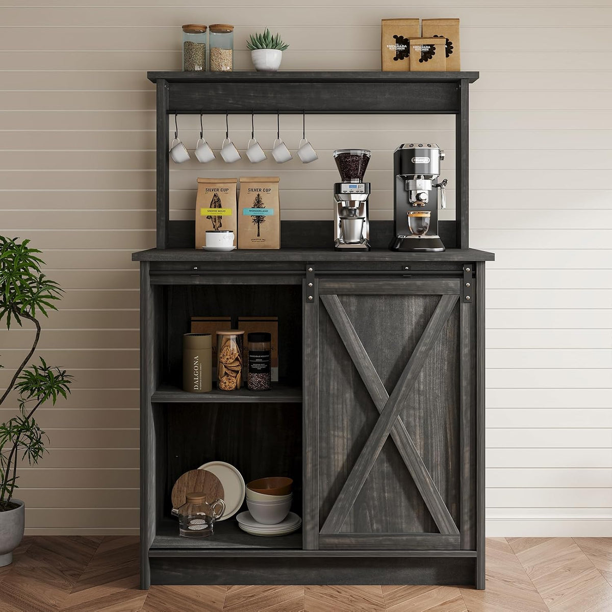 4ever2buy Farmhouse Coffee Bar Cabinet with Sliding Barn Door, 31.5", Dark Oak