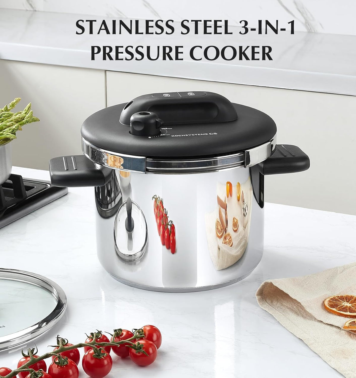 KOCH SYSTEME CS Stainless Steel Pressure Cooker 8.5 Quart, Olla de Presion, 3 PSI Settings, 18/10 Stainless Steel Pressure Cooker, One-Press Lock Pressure Cookers, Induction Ready, Glass Lid & Steamer