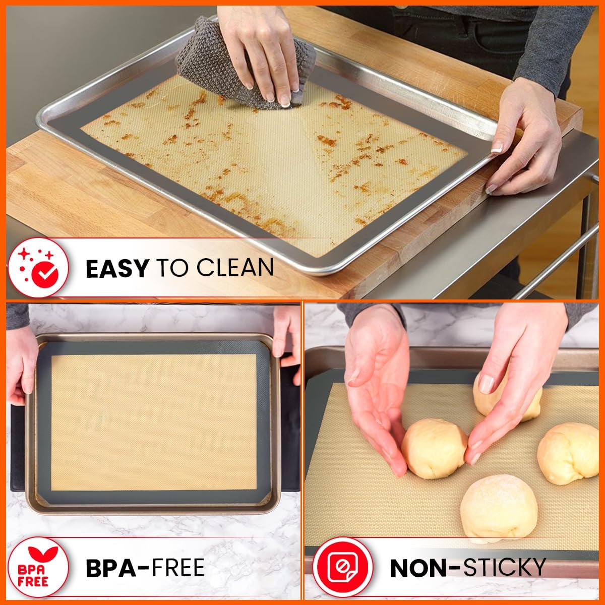 Silicone Baking Mat 2 Pack, Half Sheet 16.5 x 11.6, Non-Stick Liner for Oven | Reusable Baking Sheet Liner for Bread, Dough, Macaron, Cookie Cooking Liners For Kitchen Counter & Bakery Supplies