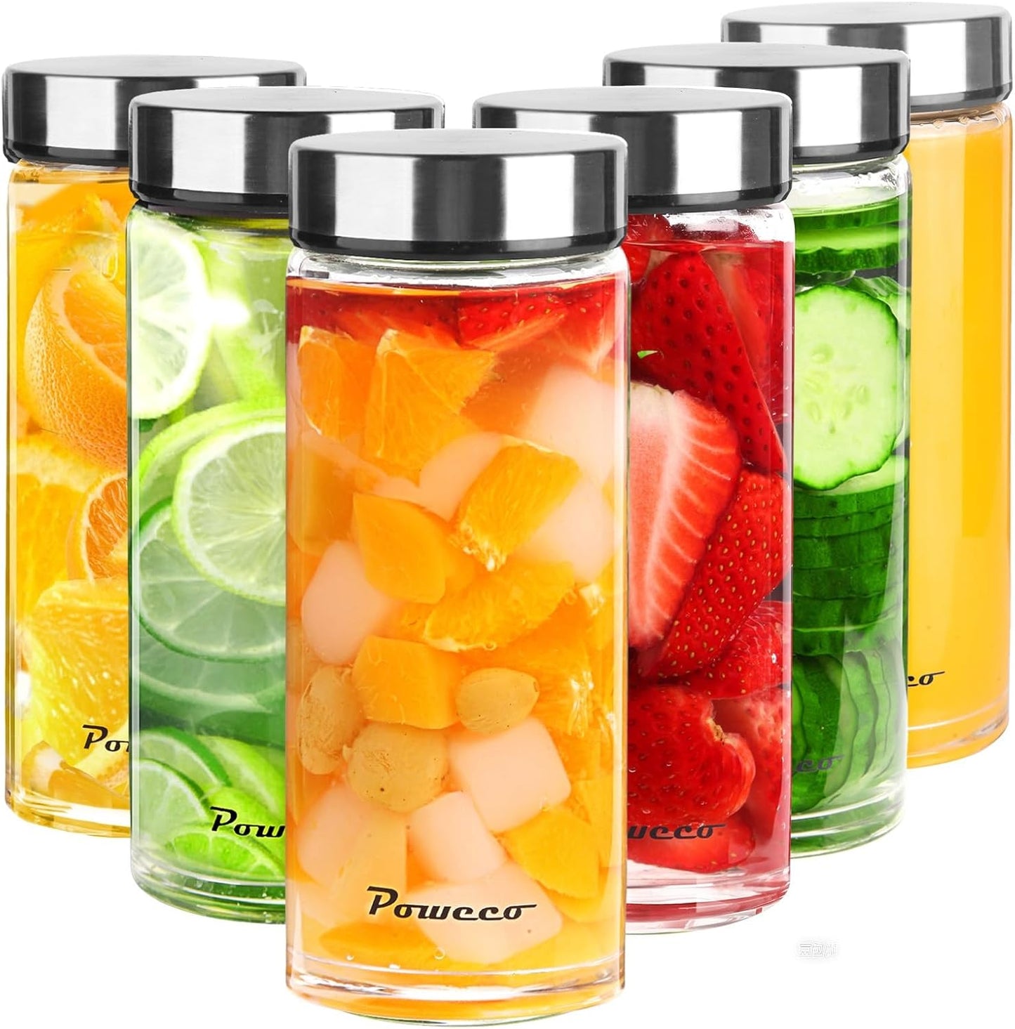 16oz Glass Juice & Water Bottles 6-Pack with Lids- Wide Mouth Reusable Borosilicate Glass- for Juici