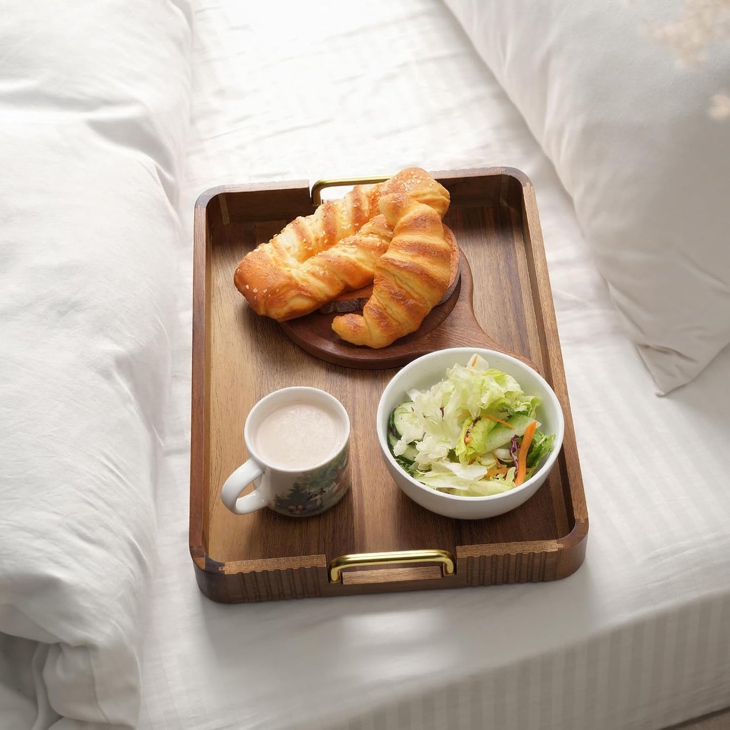 Acacia Wood Serving Tray with Gold Handles (Natural, 17" x 13" x 2") | Decorative coffee table tray for living room & ottoman tray with anti-slip pads, bar tray, Breakfast in Bed and gift box.