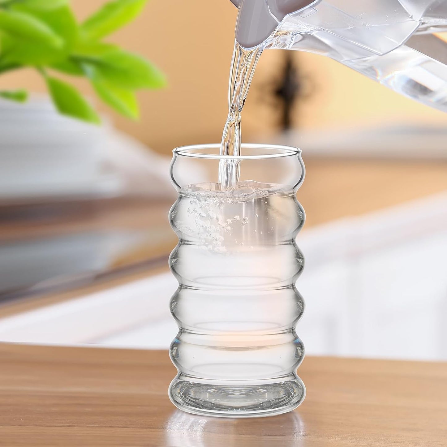 Tessco for you 4 Pcs Creative Glass Cups Vintage Drinking Glasses Ribbed Glassware Aesthetic Cup Entertainment Dinnerware Glassware with Straws Set for Kitchen Coffee Beverage(13.5 Oz, 16 oz,Clear)