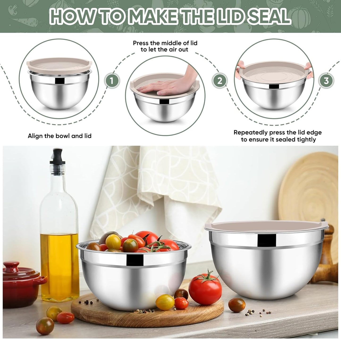TeamFar Mixing Bowls with Lids, 5-Piece Stainless Steel Metal Nesting Salad Bowl for Mixing Prepping, Healthy & Heavy Duty, Airtight Lids & Dishwasher Safe, 4.5/3/1.5/1/0.7 QT-Khaki