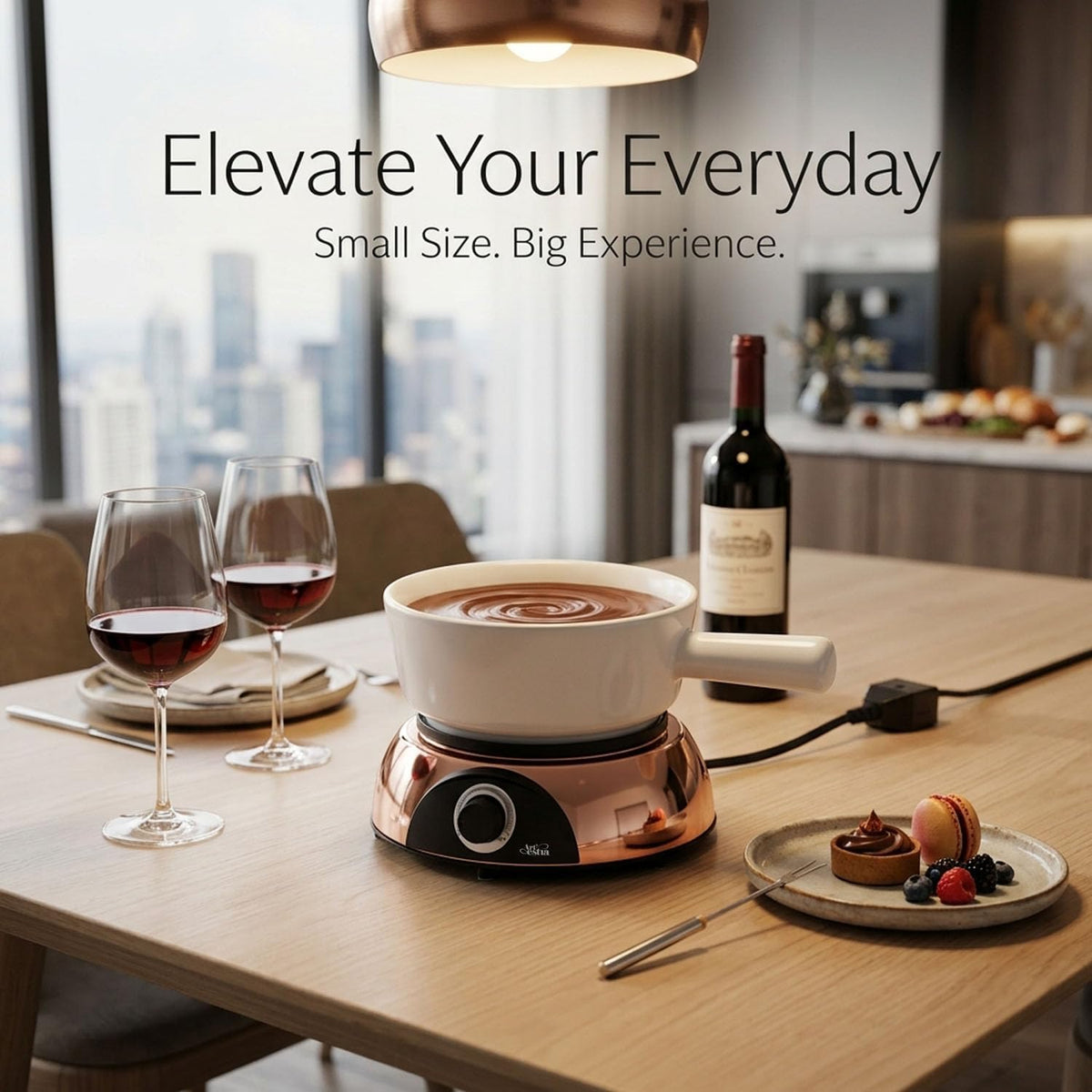 Artestia Electric Fondue Pot 2-QT 1500W, Dual-Use Swiss Fondue Set for Cheese & Chocolate Melting, Adjustable Temperature Control, White Ceramic Pot with Rose-Gold Base & 6 Forks