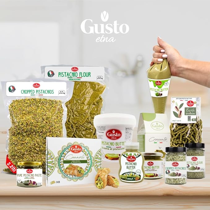 GUSTO ETNA Pistachio Flour, Sicilian Fine Chopped Pistachio Flour, Ground Pistachios, Pistachio Powder, Gluten Free Flour, Non Gmo, Vegan, Product of Bronte, Sicily, From Italy, 2.2 Lb (1 kg)