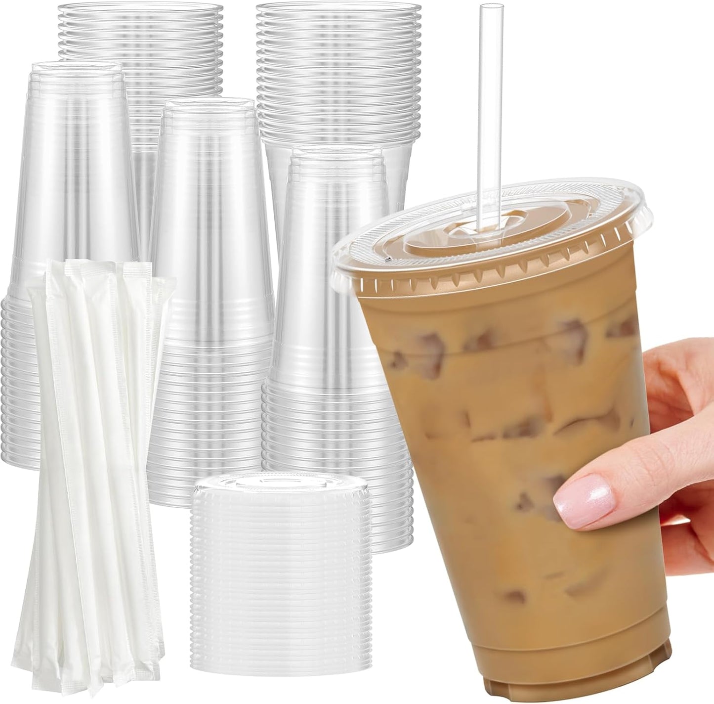100 Pack - 24 oz Clear Plastic Cups with Lids and Straws, Sturdy & Food Safe Iced Coffee Cups with l