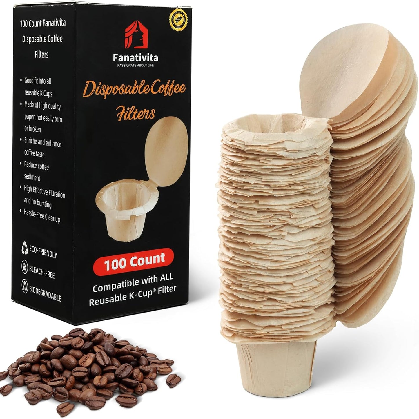 100 Count Fanativita K Cup Filters Disposable with Genius Lid Design, Fit All Reusable K Cups for Ke