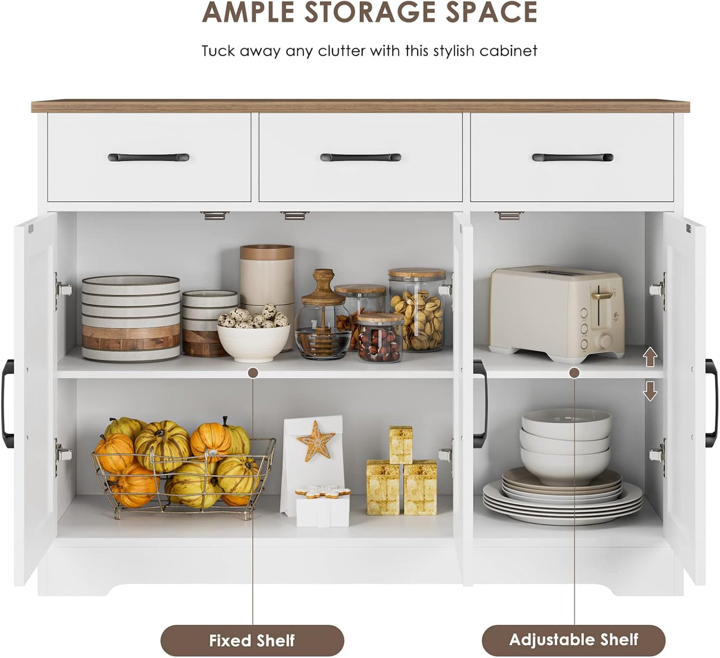 HOSTACK Kitchen Buffet Cabinet with Storage, Sideboard Coffee Bar, White | Farmhouse Kitchen Storage Cabinet with 3 Drawers & Adjustable Shelf, 42.5"W Buffet Table for Dining Living Room