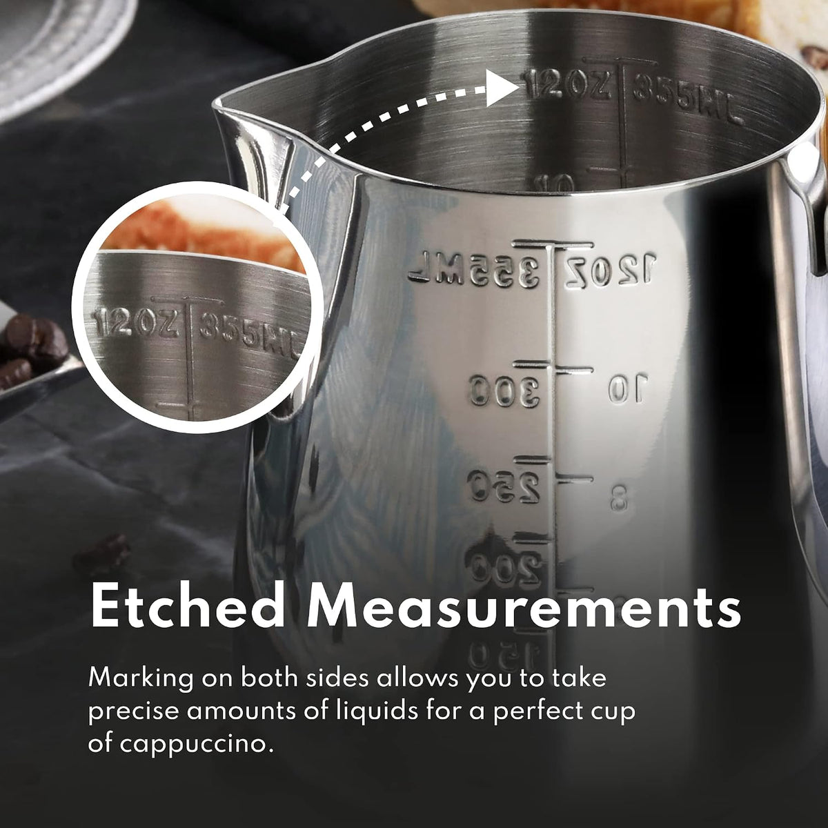 New Star Foodservice 28805 Stainless Steel Frothing Pitcher, 12 oz Espresso Milk Steaming Cup with Measurement Scale, Commercial Grade 18/8 Barista Pitcher for Lattes, Cappuccinos, Coffee, Silver