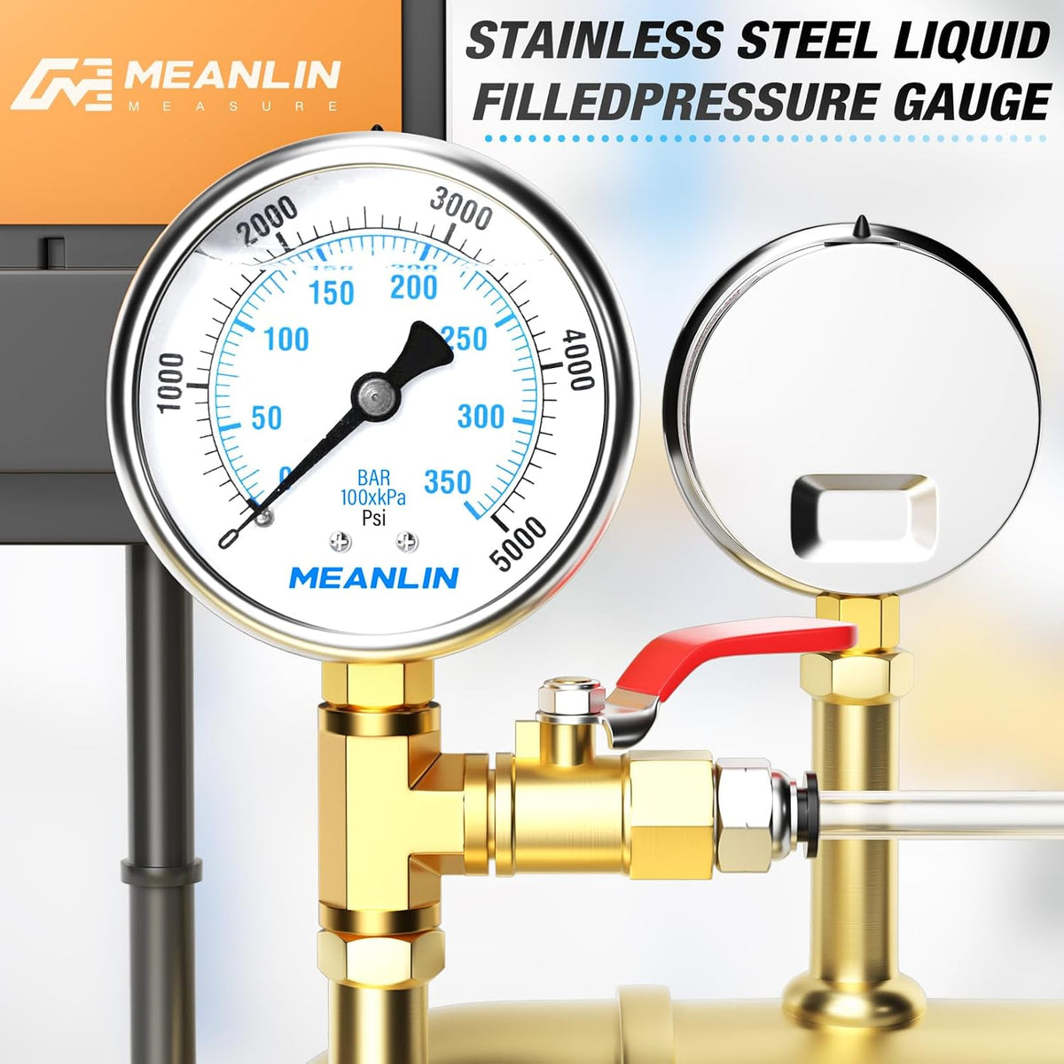 MEANLIN MEASURE 0~5000Psi Stainless Steel 1/4" NPT 2.5" FACE DIAL Liquid Filled Pressure Gauge WOG Water Oil Air Lower Mount, with 1/2" NPT and 3/8" NPT Hex Bushing