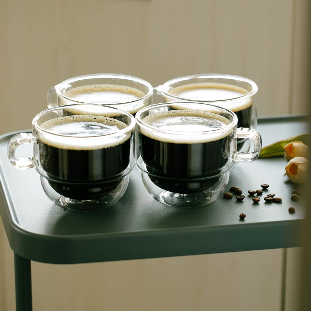 BTaT- Double Walled Stackable Glass Coffee Mugs, 12 oz, Set of 4, Glass Coffee Cups with Handle, Insulated Clear Coffee Mug for Hot and Cold Beverages, Cappuccino, Latte, Tea, Americano