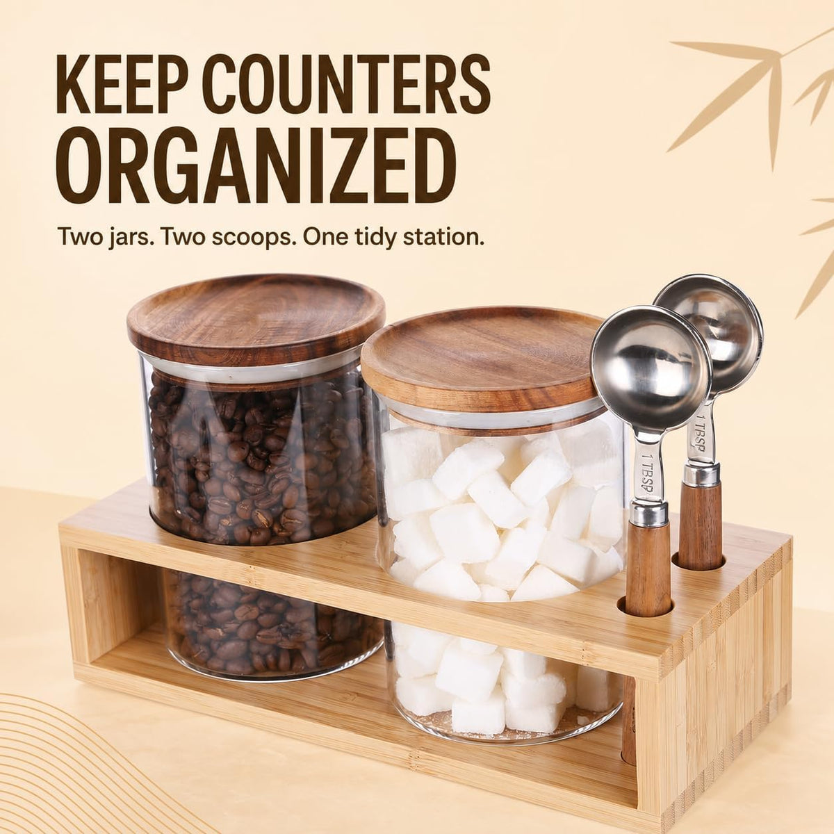 KKC HOME ACCENTS 2 Glass Coffee Canister Set with Bamboo Rack & Scoops-25oz | A complete coffee bar organization set featuring 2 glass jars, airtight lids, wooden-handle scoops, and a bamboo stand.