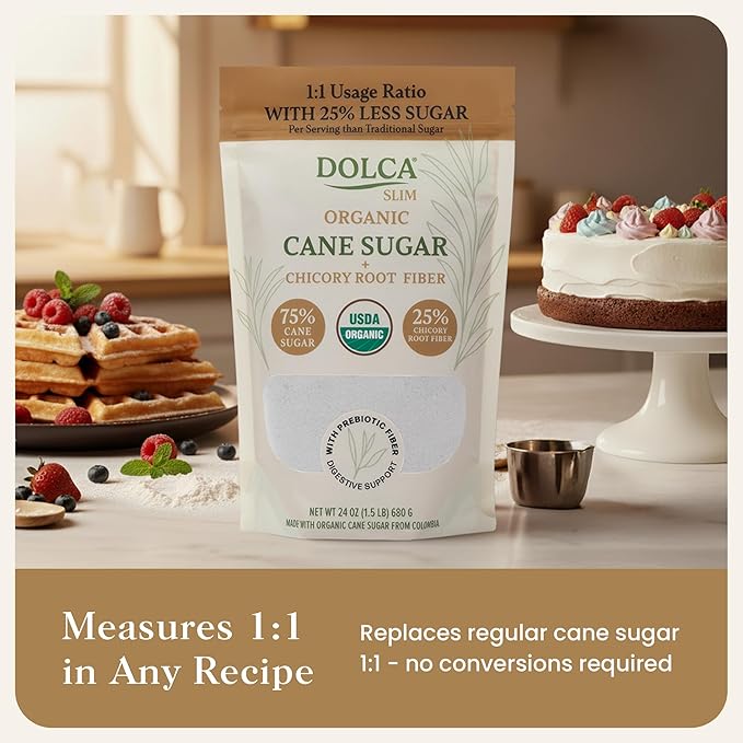 Organic Cane Sugar with Prebiotic Fiber – Dolca Slim – 25% Less Sugar, Same Taste & Texture – Sweetness for Coffee, Tea & Baking – Bakes, Browns & Measures 1:1 – No Artificial Sweeteners